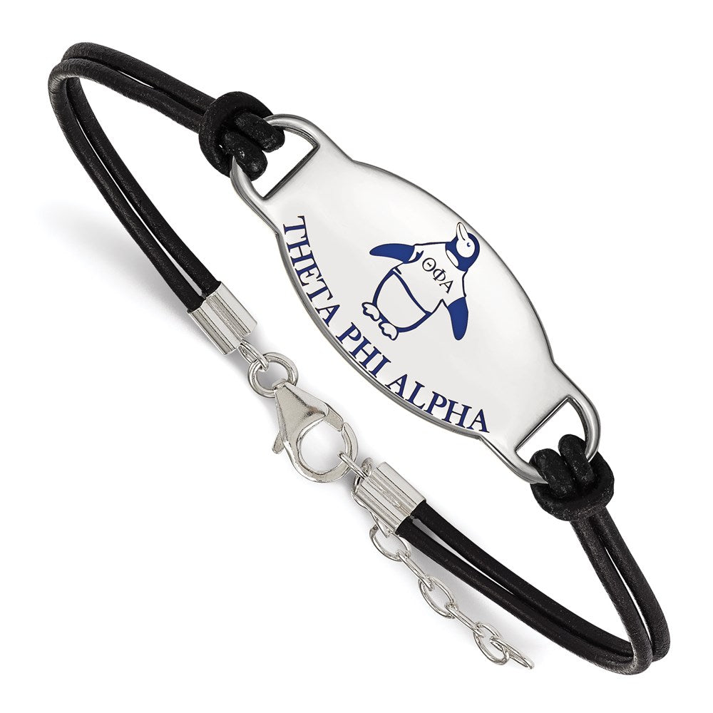 Sterling Silver Rhodium Plated Logoart Theta Phi Alpha Sorority Symbol Color Enamel Black Leather 7 Inch Bracelet With Extender
