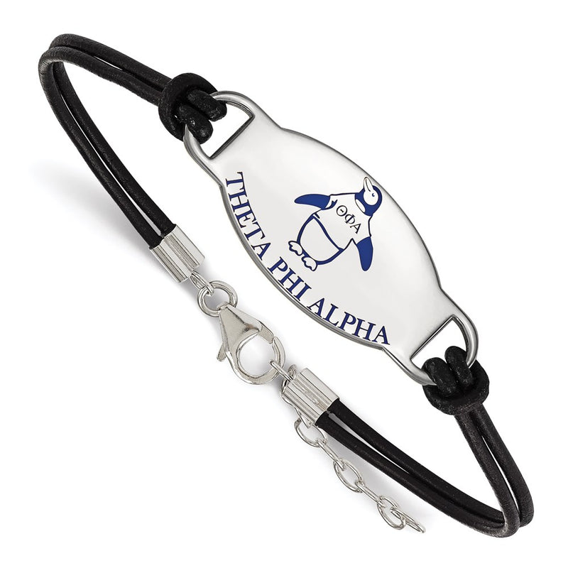 Sterling Silver Rhodium Plated Logoart Theta Phi Alpha Sorority Symbol Color Enamel Black Leather 7 Inch Bracelet With Extender