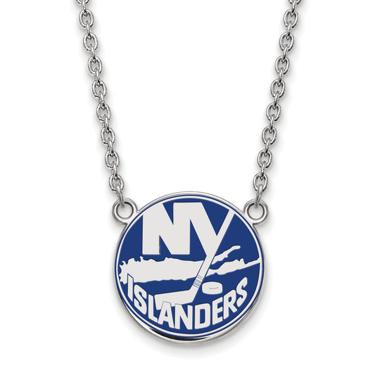 Sterling Silver Rhodium Plated Nhl Logoart New York Islanders Large Enameled Pendant 18 Inch Necklace