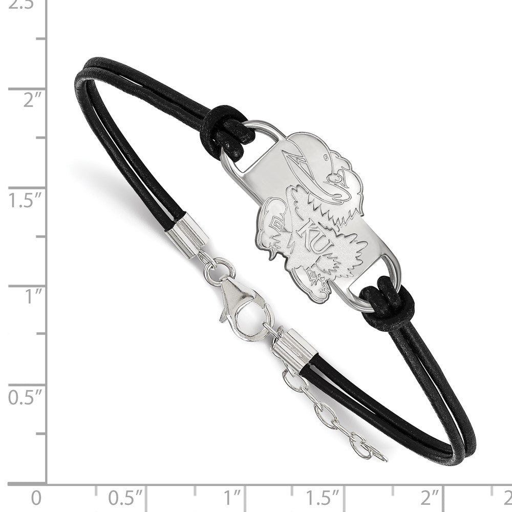 Sterling Silver Rhodium Plated Logoart University Of Kansas Jayhawk Small Center Black Leather 7 Inch Bracelet With Extender
