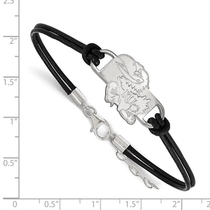 Sterling Silver Rhodium Plated Logoart University Of Kansas Jayhawk Small Center Black Leather 7 Inch Bracelet With Extender