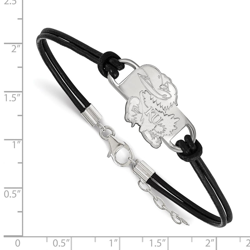 Sterling Silver Rhodium Plated Logoart University Of Kansas Jayhawk Small Center Black Leather 7 Inch Bracelet With Extender