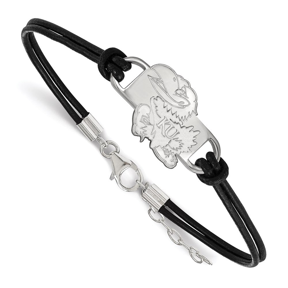 Sterling Silver Rhodium Plated Logoart University Of Kansas Jayhawk Small Center Black Leather 7 Inch Bracelet With Extender