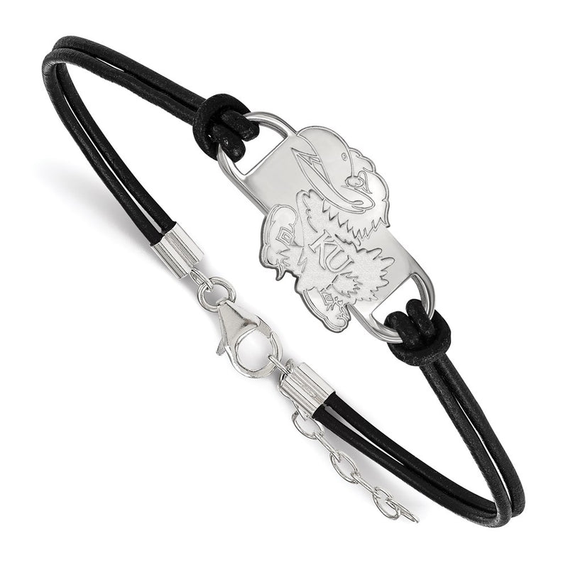 Sterling Silver Rhodium Plated Logoart University Of Kansas Jayhawk Small Center Black Leather 7 Inch Bracelet With Extender