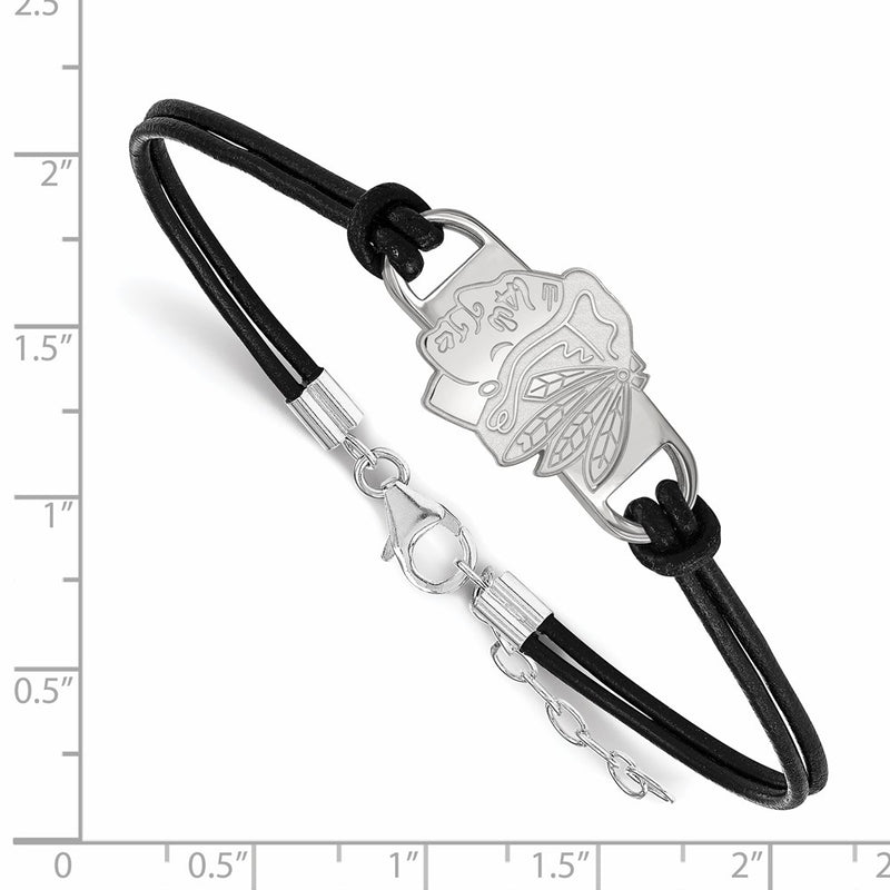 Sterling Silver Rhodium Plated Nhl Logoart Chicago Blackhawks Small Center Black Leather 7 Inch Bracelet With Extender