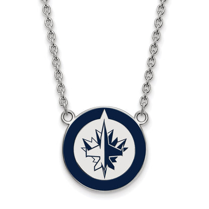 Sterling Silver Rhodium Plated Nhl Logoart Winnipeg Jets Large Enameled Pendant 18 Inch Necklace