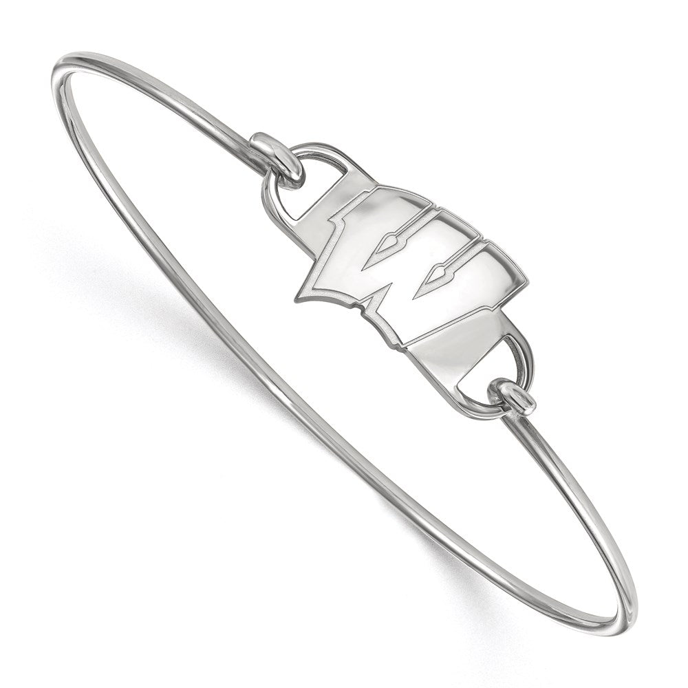 Sterling Silver Rhodium Plated Logoart University Of Wisconsin Letter W Small Center 7 Inch Wire Bangle