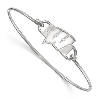 Sterling Silver Rhodium Plated Logoart University Of Wisconsin Letter W Small Center 7 Inch Wire Bangle