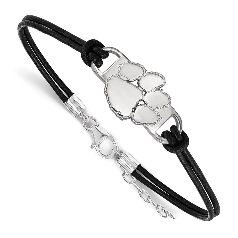 Sterling Silver Rhodium Plated Logoart Clemson University Tiger Paw Small Center Black Leather 7 Inch Bracelet With Extender