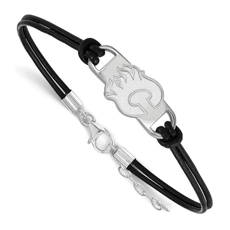 Sterling Silver Rhodium Plated Nhl Logoart Calgary Flames Letter C Small Center Black Leather 7 Inch Bracelet With Extender