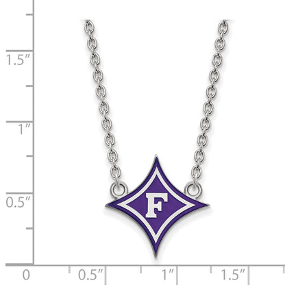 Sterling Silver Rhodium Plated Logoart Furman University Large Enameled Pendant 18 Inch Necklace