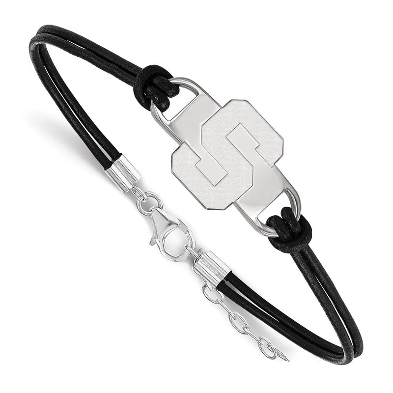 Sterling Silver Rhodium Plated Logoart Michigan State University Letter S Small Center Black Leather 7 Inch Bracelet With Extender