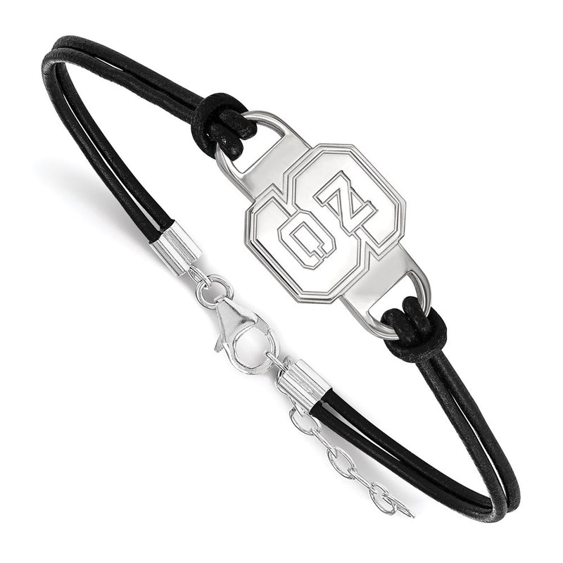 Sterling Silver Rhodium Plated Logoart North Carolina State University N C S Small Center Black Leather 7 Inch Bracelet With Extender
