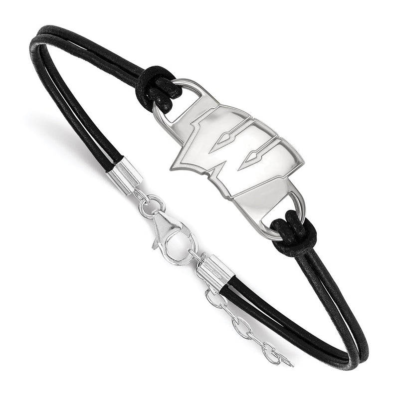 Sterling Silver Rhodium Plated Logoart University Of Wisconsin Letter W Small Center Black Leather 7 Inch Bracelet With Extender
