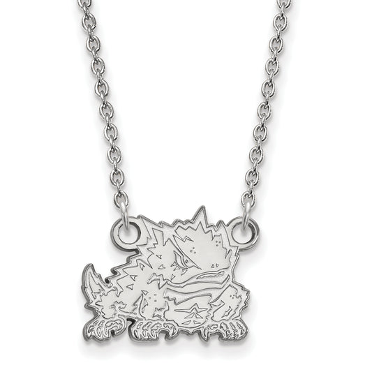 Sterling Silver Rhodium Plated Logoart Texas Christian University Horned Frog Small Pendant 18 Inch Necklace