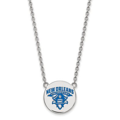 Sterling Silver Rhodium Plated Logoart University Of New Orleans Privateers Large Enameled Disc 18 Inch Necklace