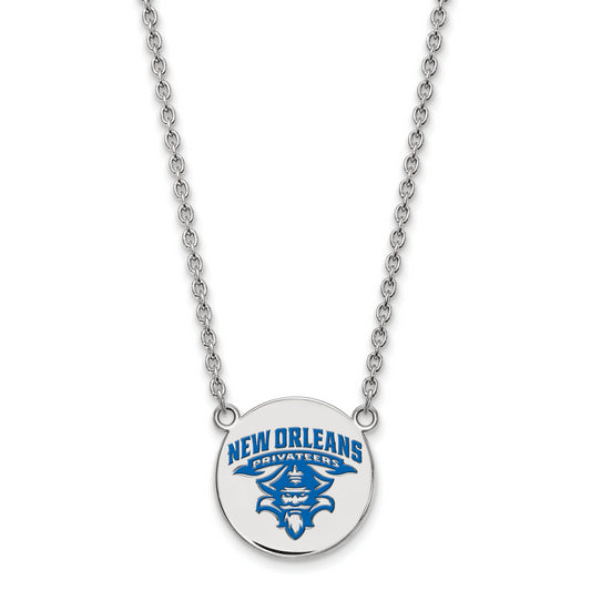 Sterling Silver Rhodium Plated Logoart University Of New Orleans Privateers Large Enameled Disc 18 Inch Necklace