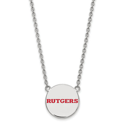 Sterling Silver Rhodium Plated Logoart Rutgers University Large Enameled Disc Pendant 18 Inch Necklace