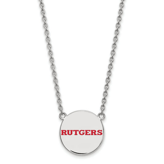 Sterling Silver Rhodium Plated Logoart Rutgers University Large Enameled Disc Pendant 18 Inch Necklace