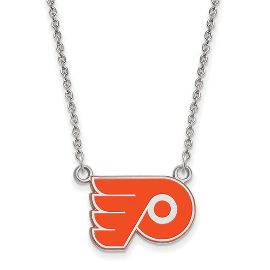 Sterling Silver Rhodium Plated Nhl Logoart Philadelphia Flyers Small Enameled Pendant 18 Inch Necklace