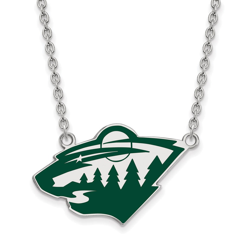 Sterling Silver Rhodium Plated Nhl Logoart Minnesota Wild Large Enameled Pendant 18 Inch Necklace