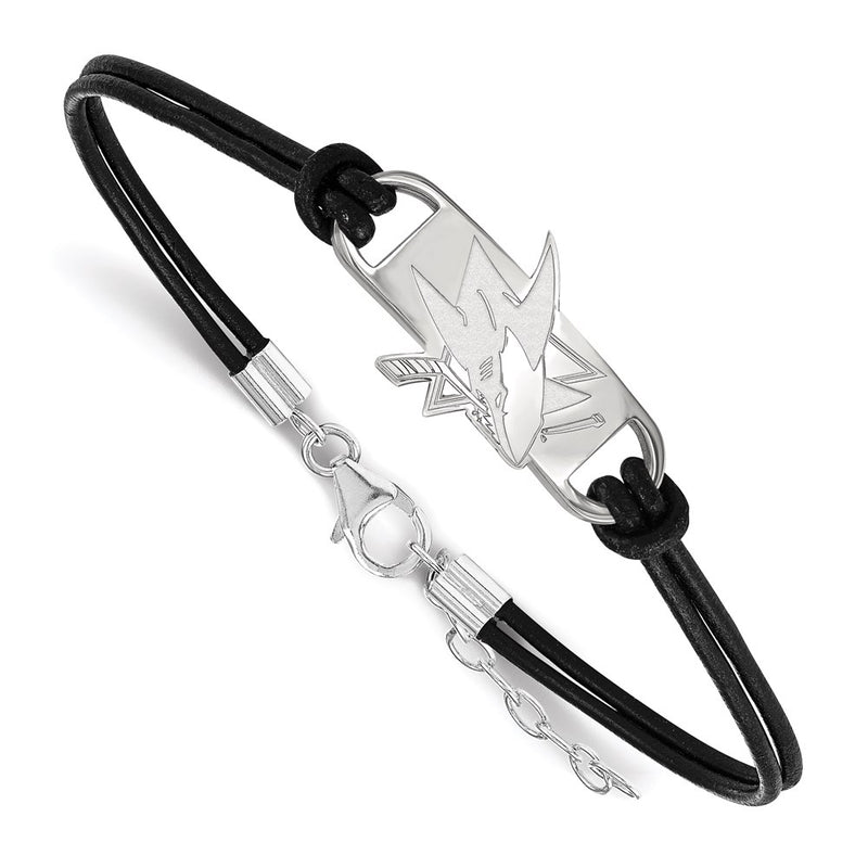 Sterling Silver Rhodium Plated Nhl Logoart San Jose Sharks Small Center Black Leather 7 Inch Bracelet With Extender