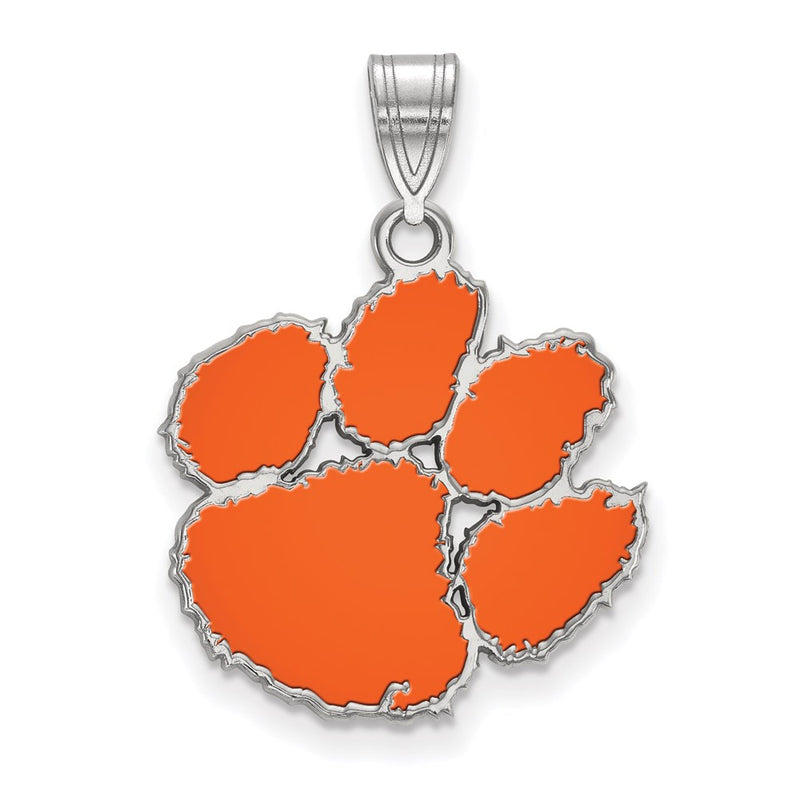 Sterling Silver Rhodium Plated Logoart Clemson University Tiger Paw Medium Enameled Pendant