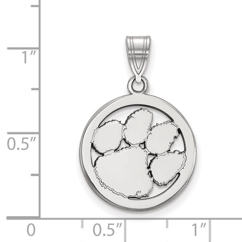 Sterling Silver Rhodium Plated Logoart Clemson University Tiger Paw Medium Circle Pendant