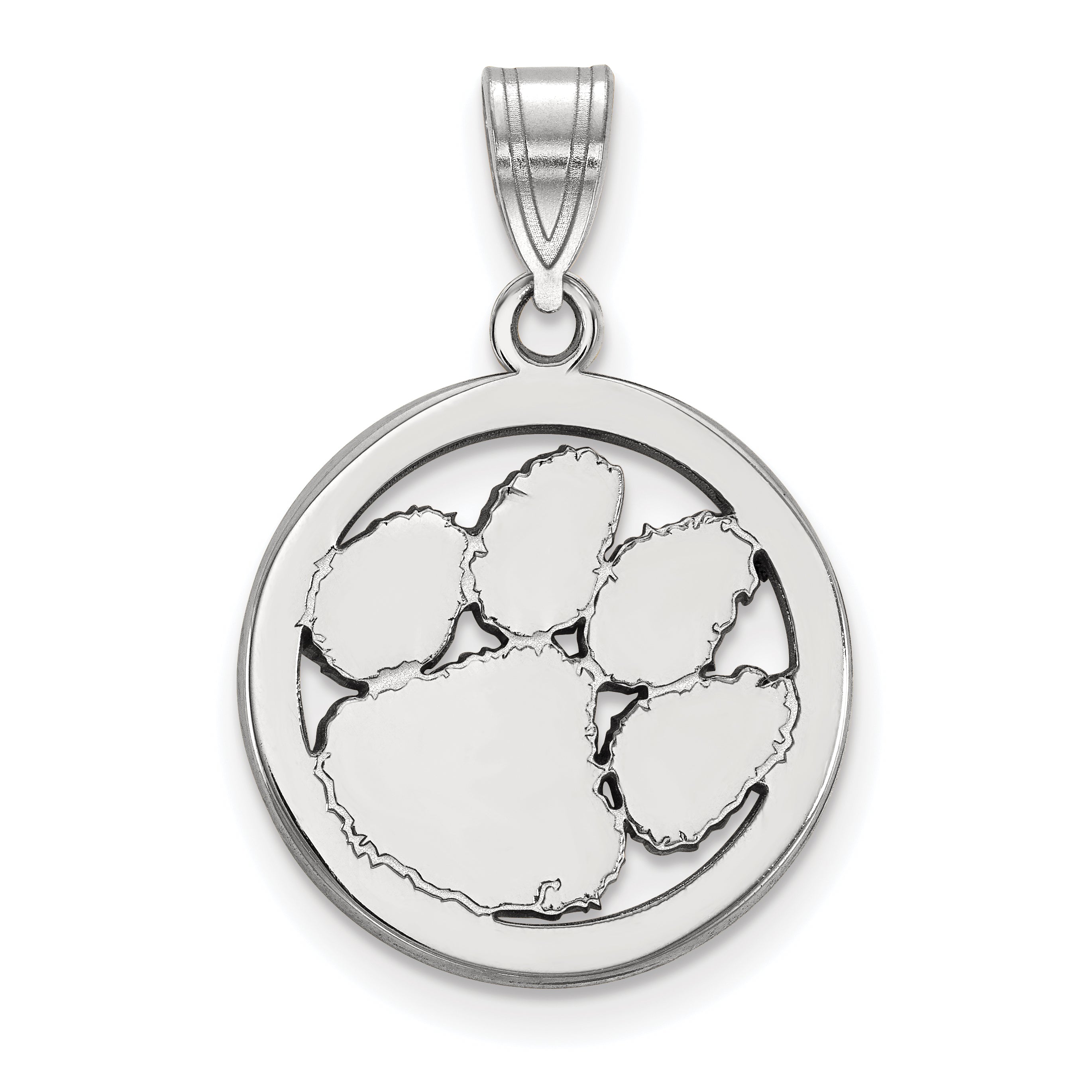 Sterling Silver Rhodium Plated Logoart Clemson University Tiger Paw Medium Circle Pendant