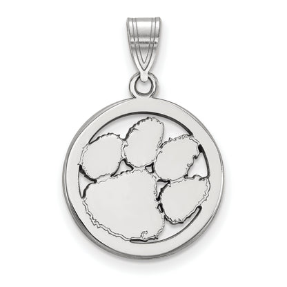 Sterling Silver Rhodium Plated Logoart Clemson University Tiger Paw Medium Circle Pendant