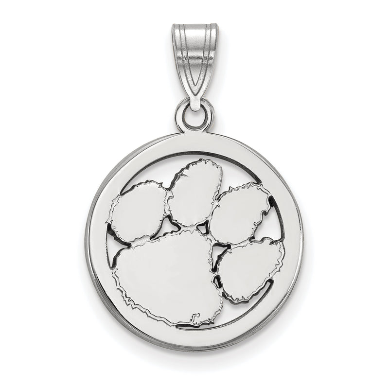 Sterling Silver Rhodium Plated Logoart Clemson University Tiger Paw Medium Circle Pendant