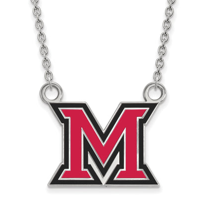 Sterling Silver Rhodium Plated Logoart Miami University Ohio Letter M Large Enameled Pendant 18 Inch Necklace