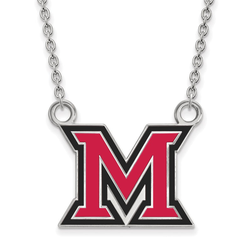 Sterling Silver Rhodium Plated Logoart Miami University Ohio Letter M Large Enameled Pendant 18 Inch Necklace