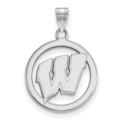 Sterling Silver Rhodium Plated Logoart University Of Wisconsin Letter W Medium Circle Pendant