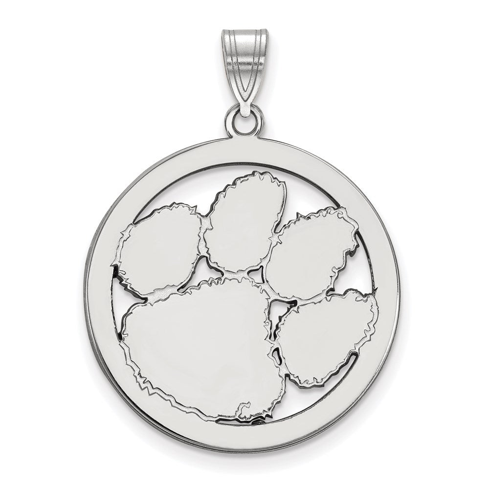 Sterling Silver Rhodium Plated Logoart Clemson University Tiger Paw Extra Large Circle Pendant