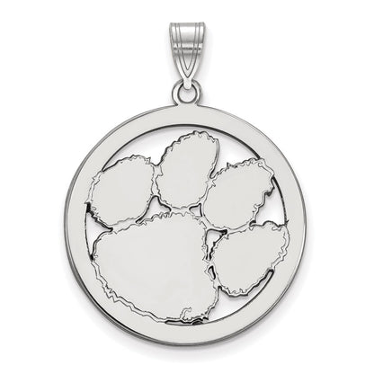 Sterling Silver Rhodium Plated Logoart Clemson University Tiger Paw Extra Large Circle Pendant