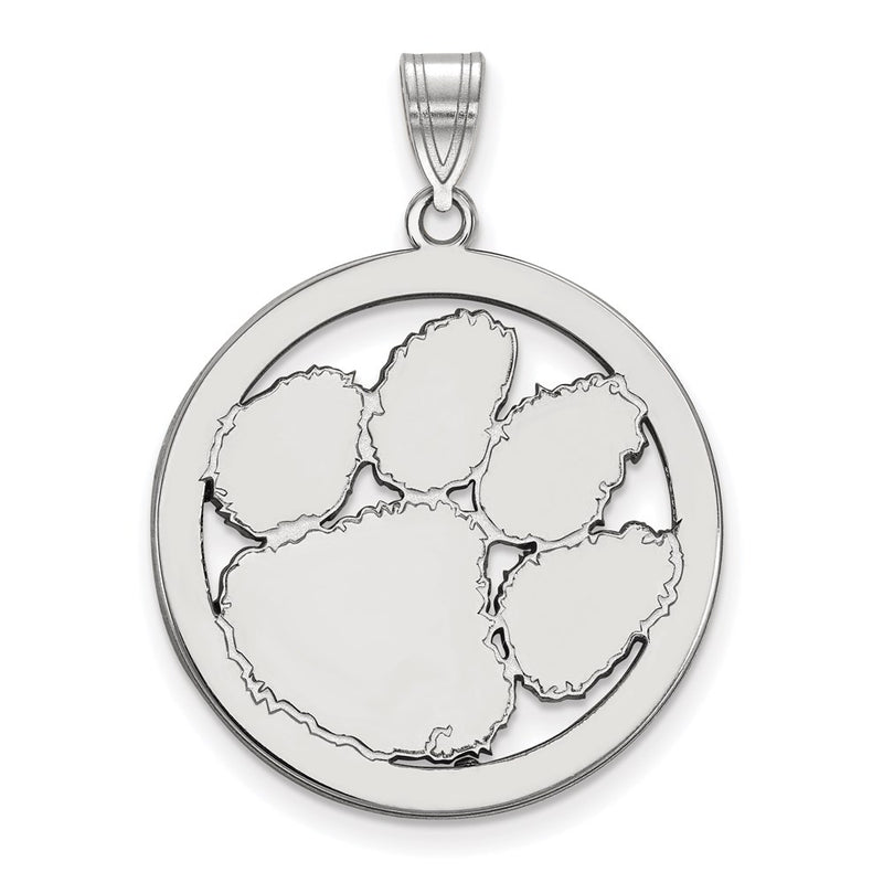 Sterling Silver Rhodium Plated Logoart Clemson University Tiger Paw Extra Large Circle Pendant