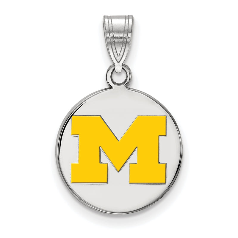 Sterling Silver Rhodium Plated Logoart University Of Michigan Letter M Medium Yellow Enameled Disc Pendant