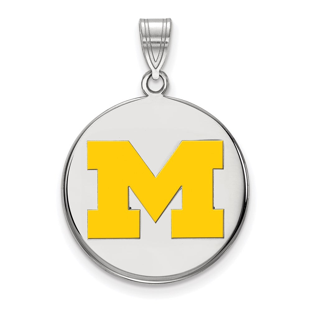 Sterling Silver Rhodium Plated Logoart University Of Michigan Letter M Large Yellow Enameled Disc Pendant