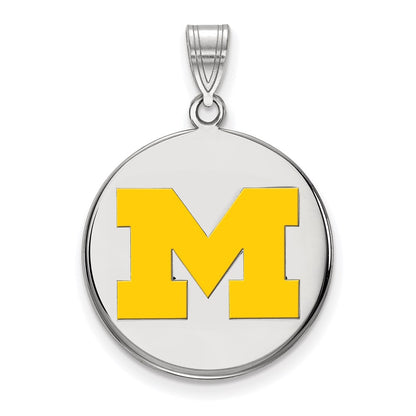 Sterling Silver Rhodium Plated Logoart University Of Michigan Letter M Large Yellow Enameled Disc Pendant