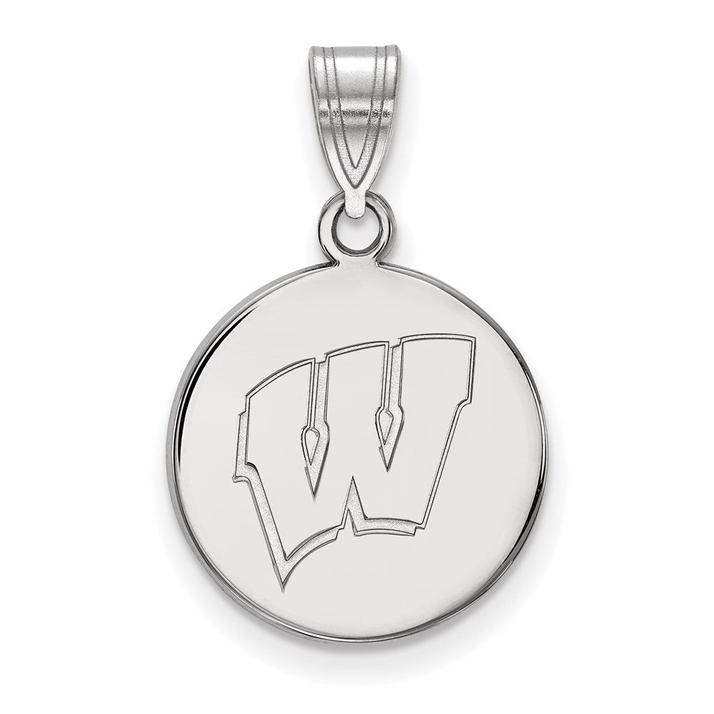 Sterling Silver Rhodium Plated Logoart University Of Wisconsin Letter W Medium Disc Pendant