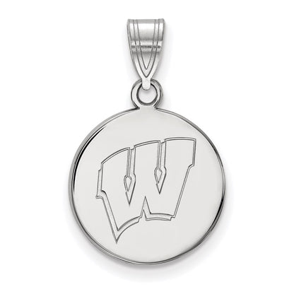 Sterling Silver Rhodium Plated Logoart University Of Wisconsin Letter W Medium Disc Pendant