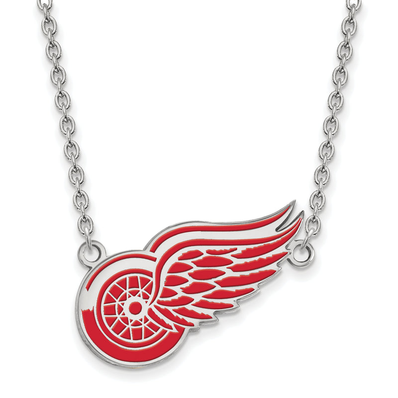 Sterling Silver Rhodium Plated Nhl Logoart Detroit Red Wings Large Enameled Pendant 18 Inch Necklace