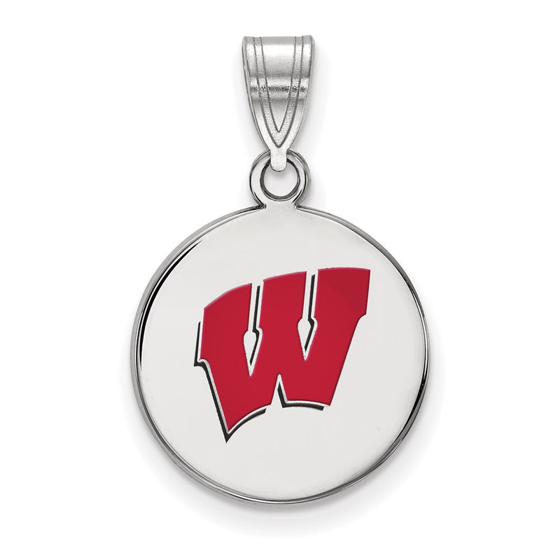 Sterling Silver Rhodium Plated Logoart University Of Wisconsin Letter W Medium Enameled Disc Pendant