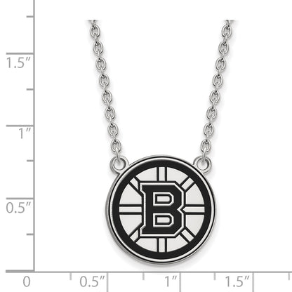 Sterling Silver Rhodium Plated Nhl Logoart Boston Bruins Large Enameled Pendant 18 Inch Necklace