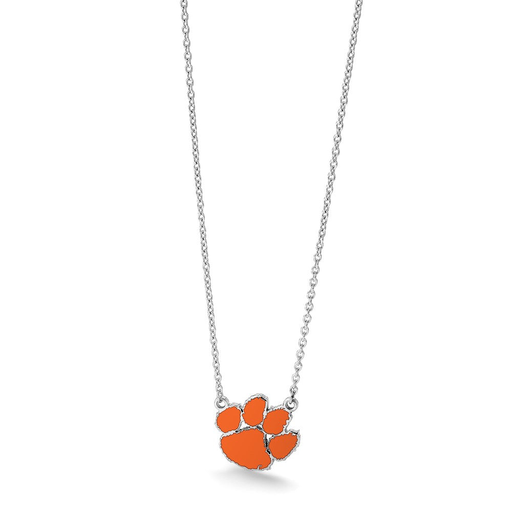 Sterling Silver Rhodium Plated Logoart Clemson University Tiger Paw Large Enameled Pendant 18 Inch Necklace