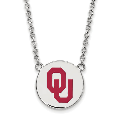 Sterling Silver Rhodium Plated Logoart University Of Oklahoma O U Large Enameled Disc Pendant 18 Inch Necklace