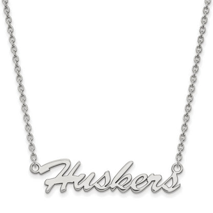 Sterling Silver Rhodium Plated Logoart University Of Nebraska Huskers Script Medium Pendant 18 Inch Necklace
