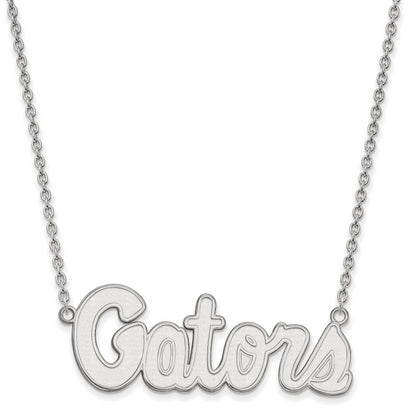 Sterling Silver Rhodium Plated Logoart University Of Florida Gators Script Large Pendant 18 Inch Necklace