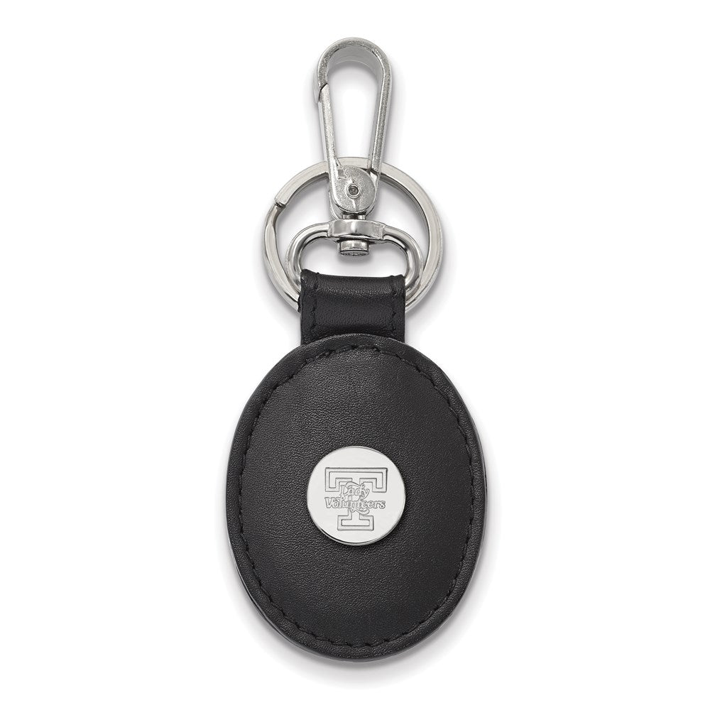 Sterling Silver Rh-P Logoart University of Tennessee Black Leather Oval Key Chai